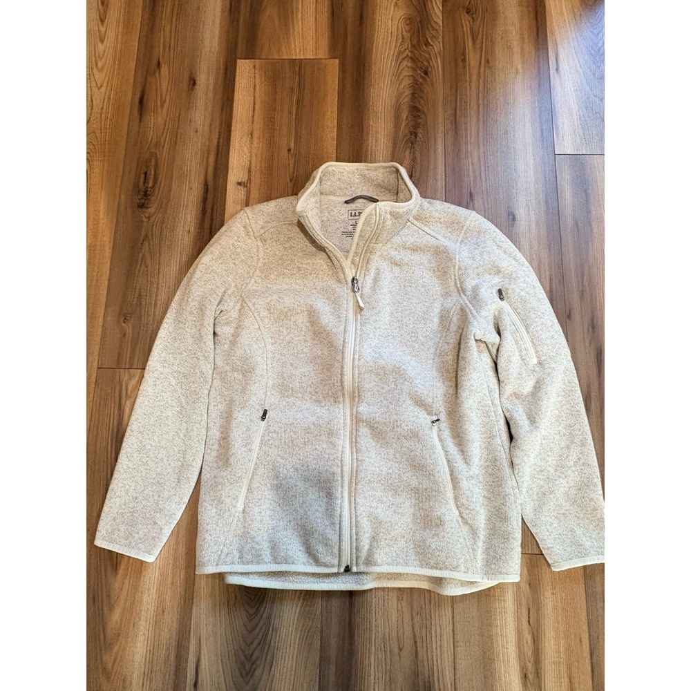 LL Bean Light Tan Fleece Jacket Coat Large Petite Full Zip Pockets Cream Ivory